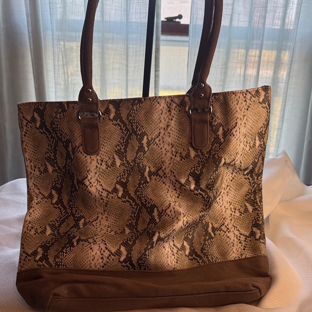 Brown Snakeskin Print Tote Bag Faux Leather Shoulder Bag Tan Animal Print‎ Large